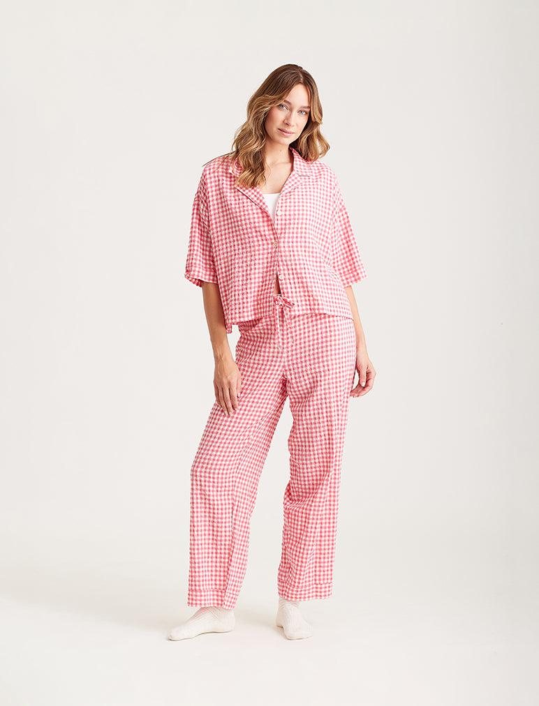 Seersucker Gingham Short Sleeve Full Length PJs Papinelle