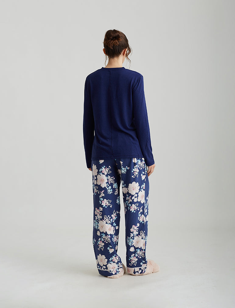 Alice Floral Pant and Feather Soft Long Sleeve Top in Navy