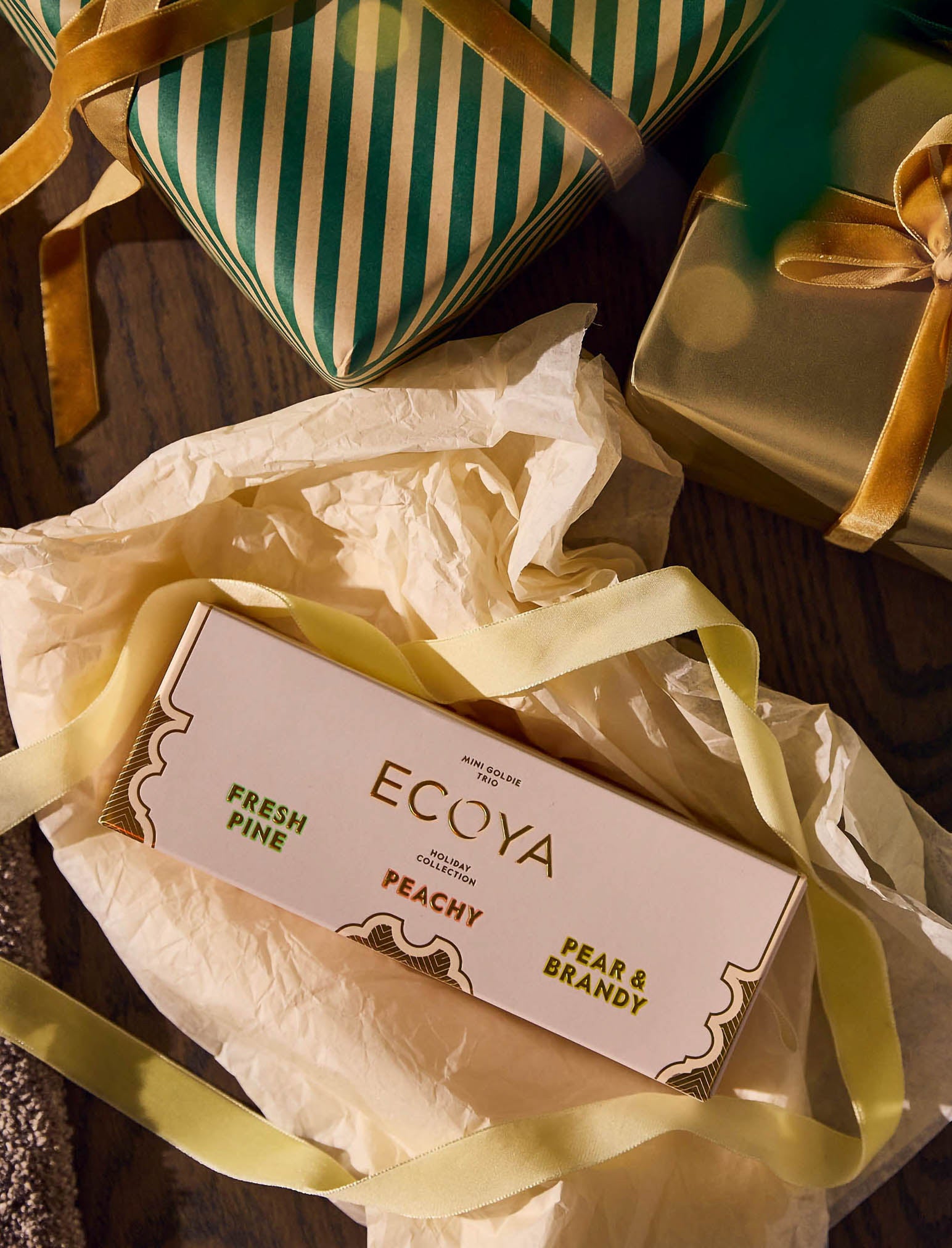 Ecoya Mini Goldie Trio - Fresh Pine, Pear & Brandy, Peachy