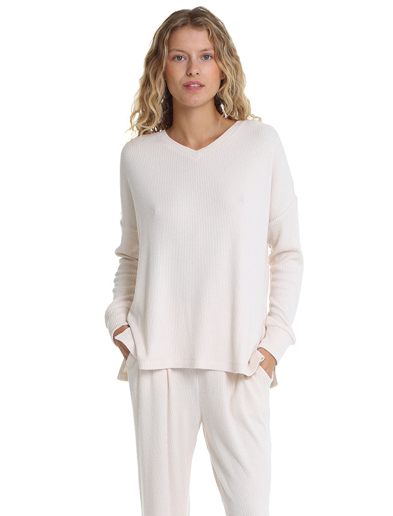 Soft Touch Rib V-Neck LS Top